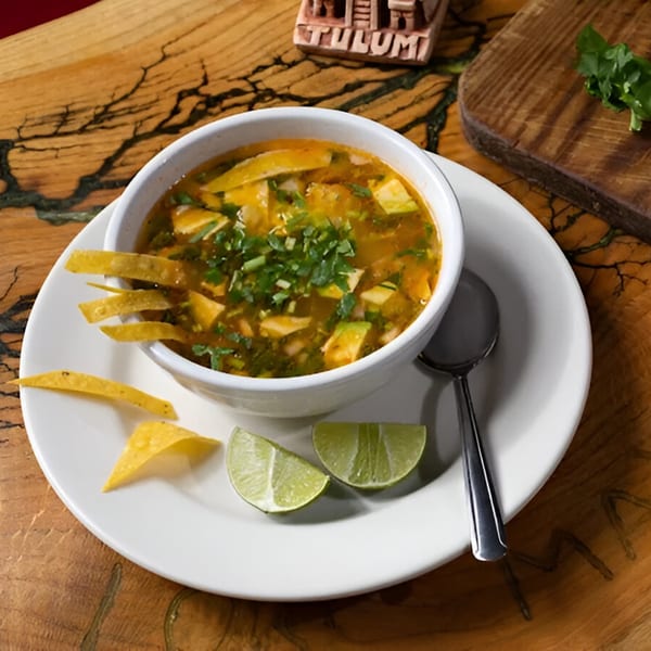 A bowl of Los Mayas tortilla soup with avocado, cilantro, tortilla strips, and lime wedges.